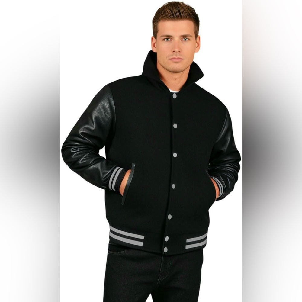Men's Varsity Style Hoodie Black Gray Trim Wool Blend Leather Arms